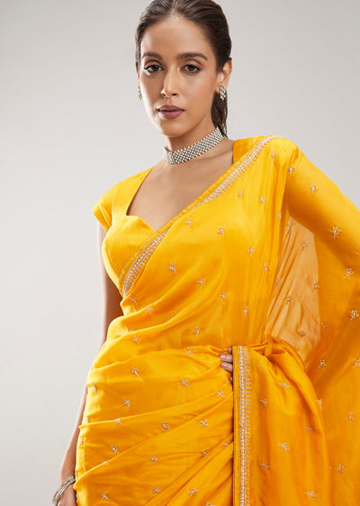Mustard Yellow Silk Saree With Cut Dana Sequin Butti Work And Embellished Border