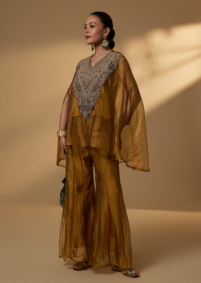 Mustard Yellow Tissue Zardosi Embroidered Kaftan Palazzo Suit Set