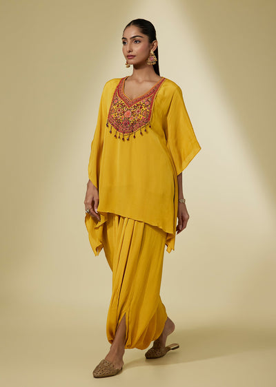 Mustard Yellow Viscose Kaftan Dhoti Set With Embroidered Yoke