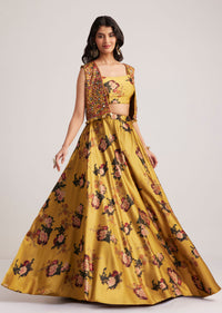 Mustard Silk Floral Skirt Set With Jacket And Mirror Work