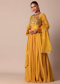 Mustard Yellow Embroidered Anarkali With Organza Dupatta