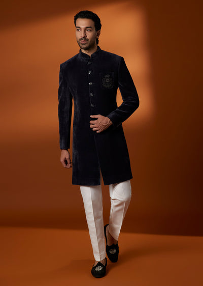 Navy Blue Corduroy Sherwani with Bead And Stone Work