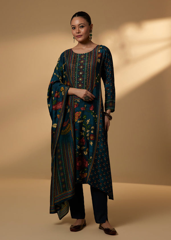 Navy Blue Cotton Kurta Set With Kalamkari Print
