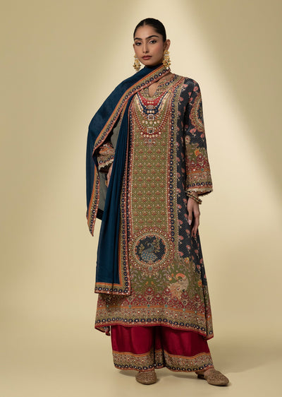 Navy Blue Crepe Floral Print Kurta Set With Dupatta