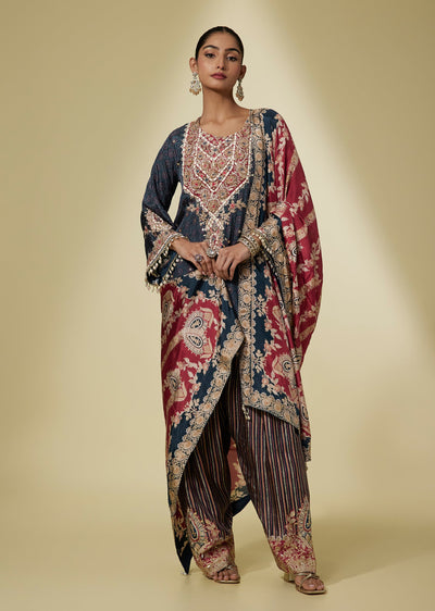 Navy Blue Crepe Pearl Fringe Embroidered Kurta Set With Organza Dupatta