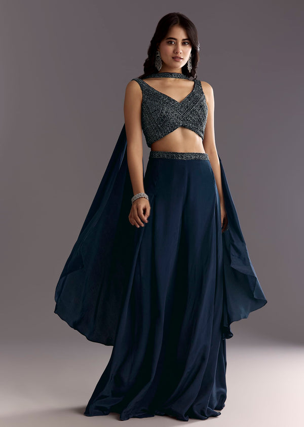 Navy Blue Embroidered Croptop Palazzo With Choker Dupatta