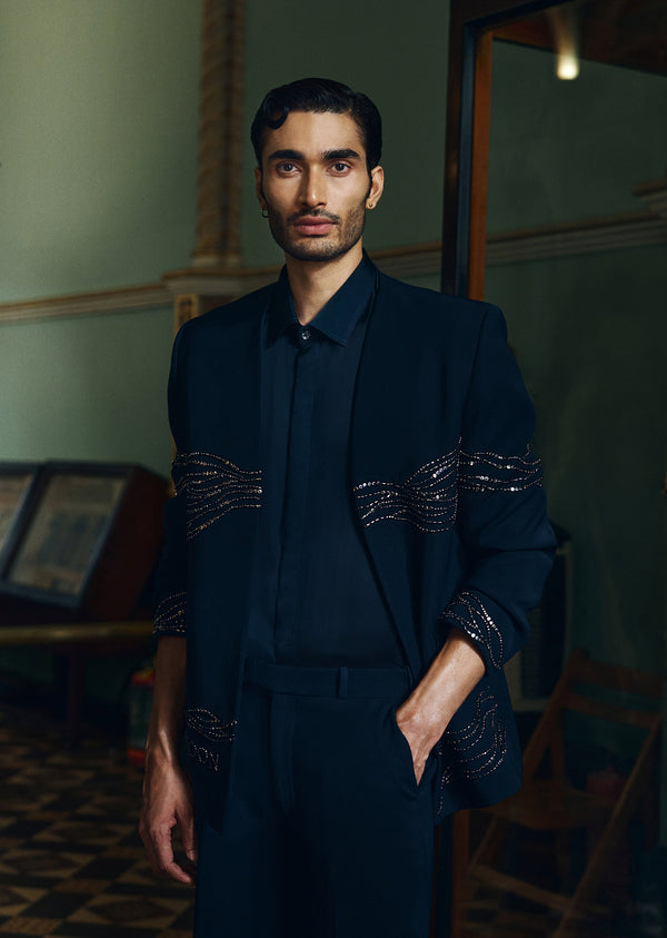 Navy Blue Embroidered Jacket Set