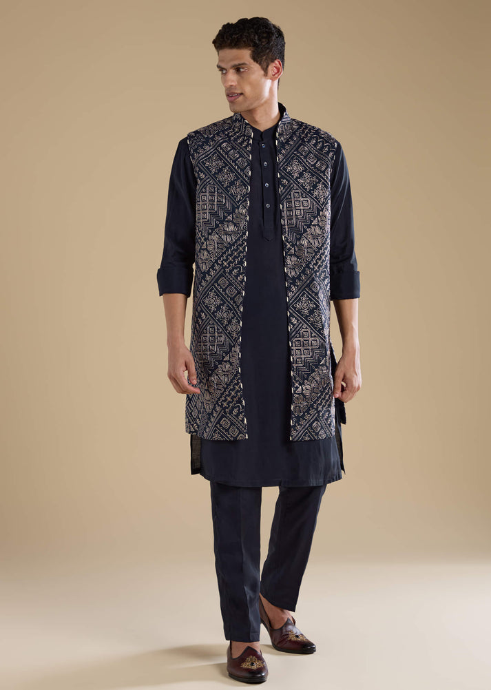 Black Linen Kurta Jacket Set With Thread Resham Work main image 1