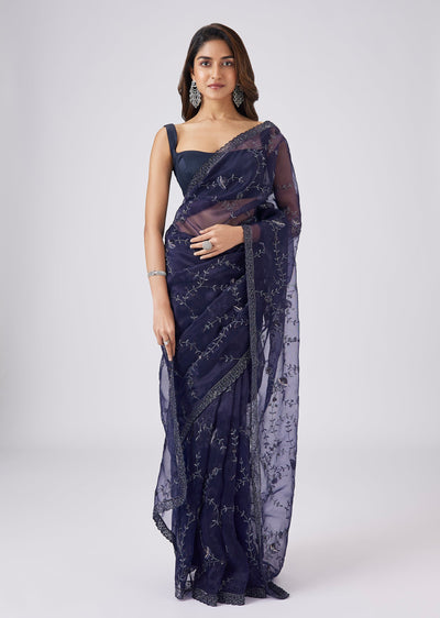 Navy Blue Muslin Organza Saree With Cut Dana And Sequin Jaal Embroidery