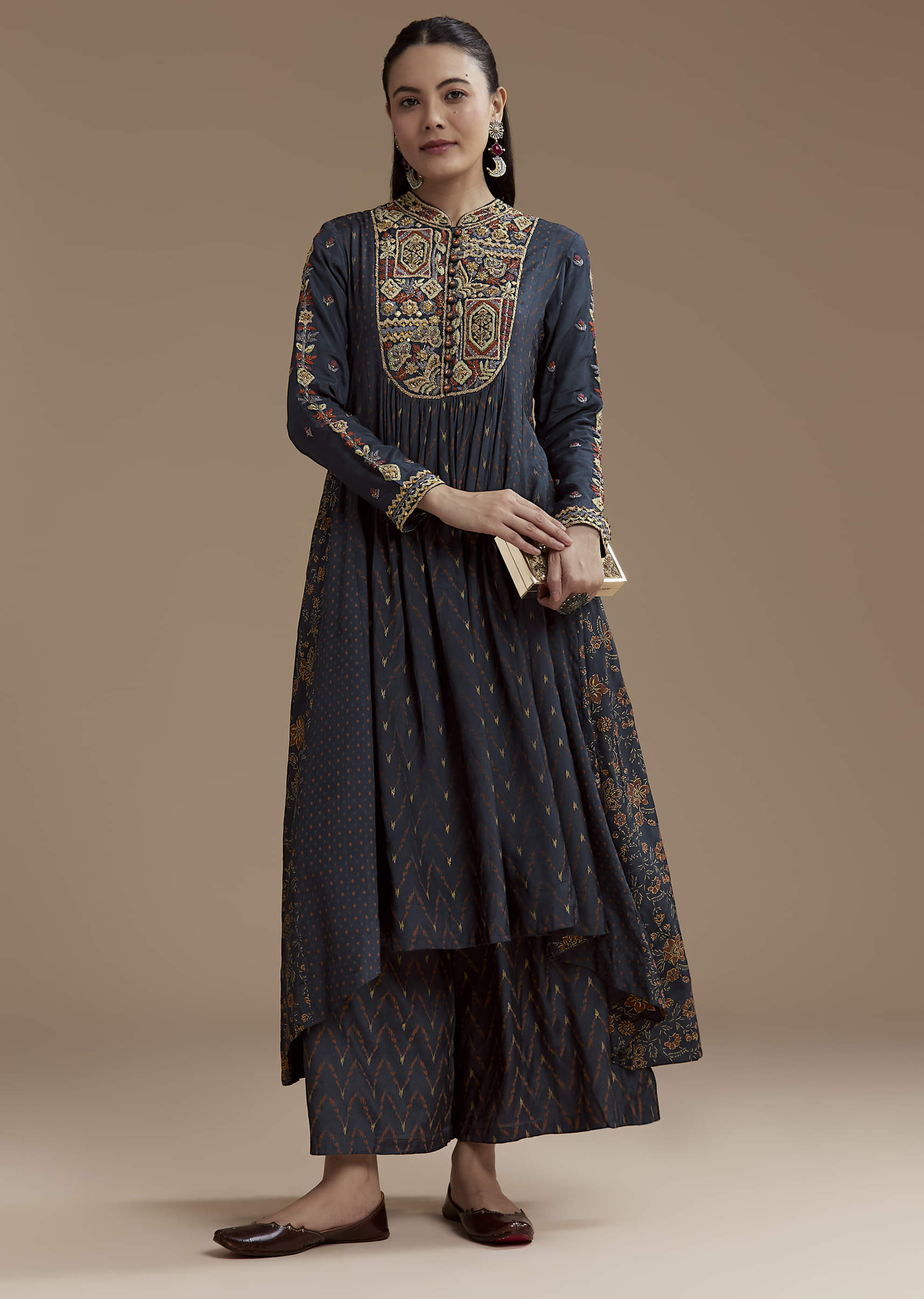 Navy Blue Printed Cotton Kurta and Palazzo Set