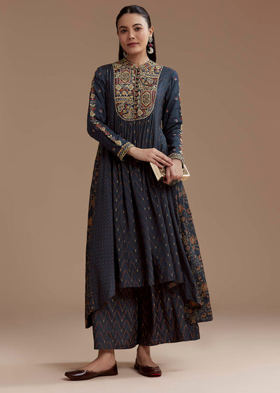 Navy Blue Printed Cotton Kurta and Palazzo Set