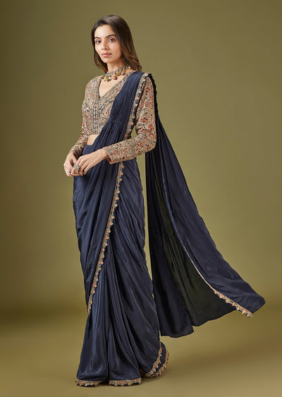 Navy Blue Printed Ready Pleated Saree With Embellished Blouse
