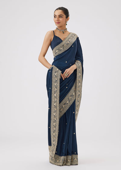 Navy Blue Satin Saree With Heavy Cut Dana And Sequin Embellished Border