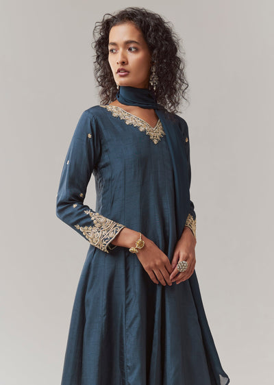 Navy Blue Silk Embellished Anarkali Set