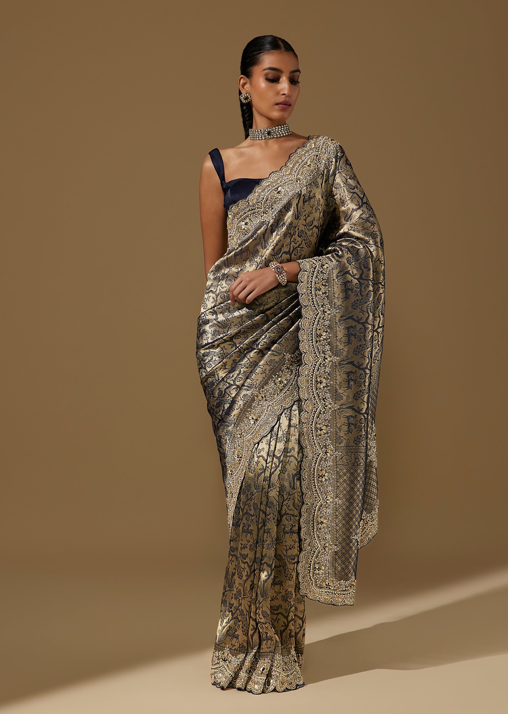 Navy Blue Tissue Saree With Heavy Zardozi And Cutdana Embroidery