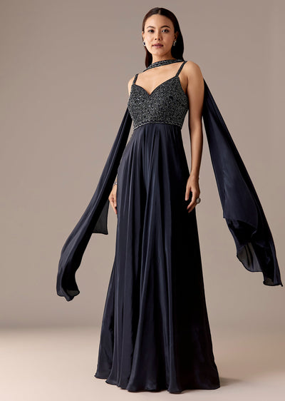 Navy Embellished Jumpsuit With Choker Dupatta