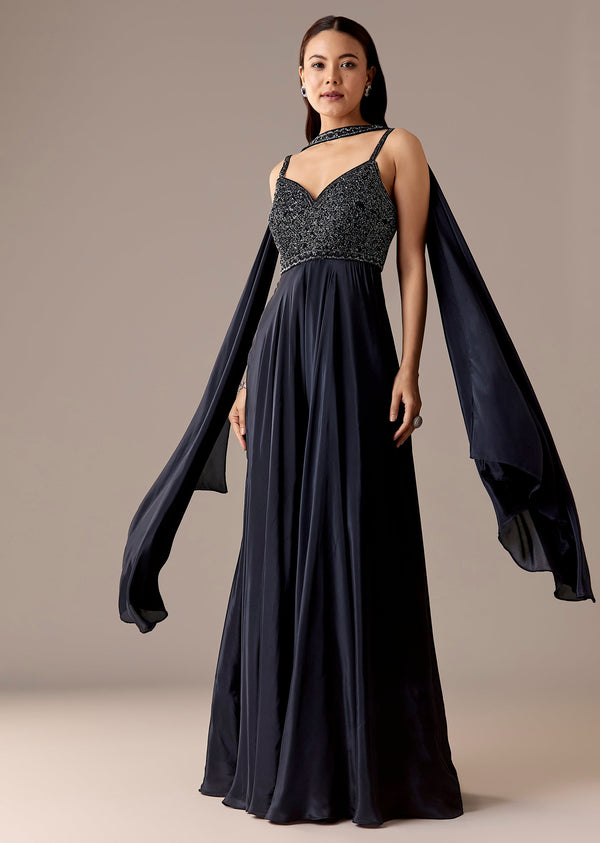 Navy Embellished Jumpsuit With Choker Dupatta