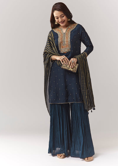 Navy Zardosi Kurta Sharara Set With Organza Dupatta