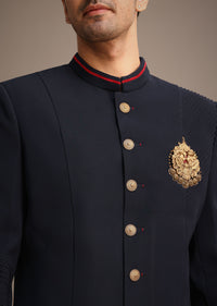 navy blue indowestern set with animal motif brooch-sg259082 3