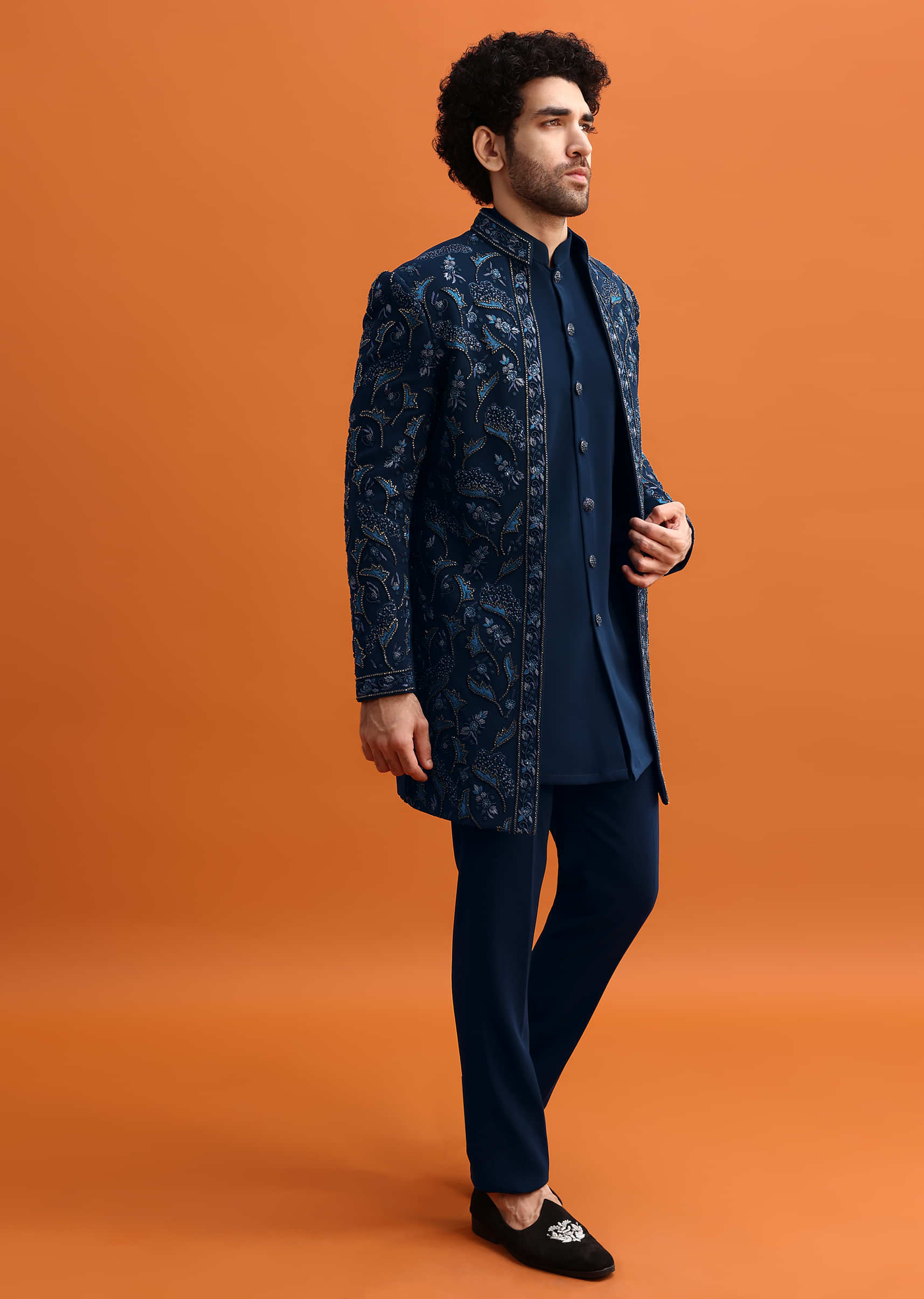 Buy Navy Blue Indowestern Set With Hand Work For Men KALKI