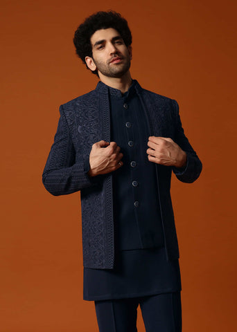 Buy Navy Blue Jodhpuri Set In Resham Work For Men KALKI Fashion