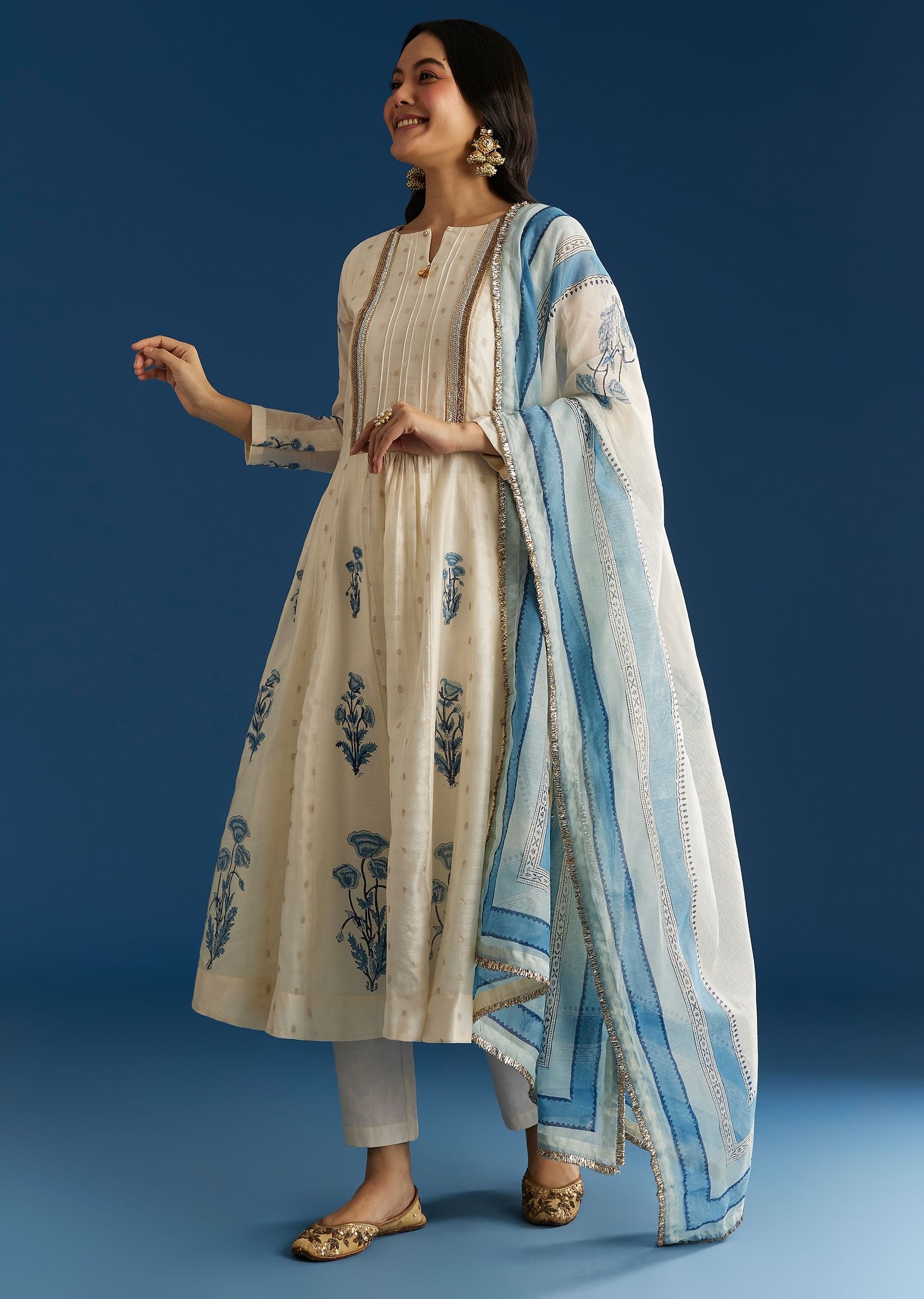 Buy Off White Block Print Anarkali With Zardosi Yoke And Block