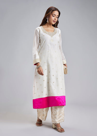 Off White Chanderi Tunic Set With Pink Woven Border