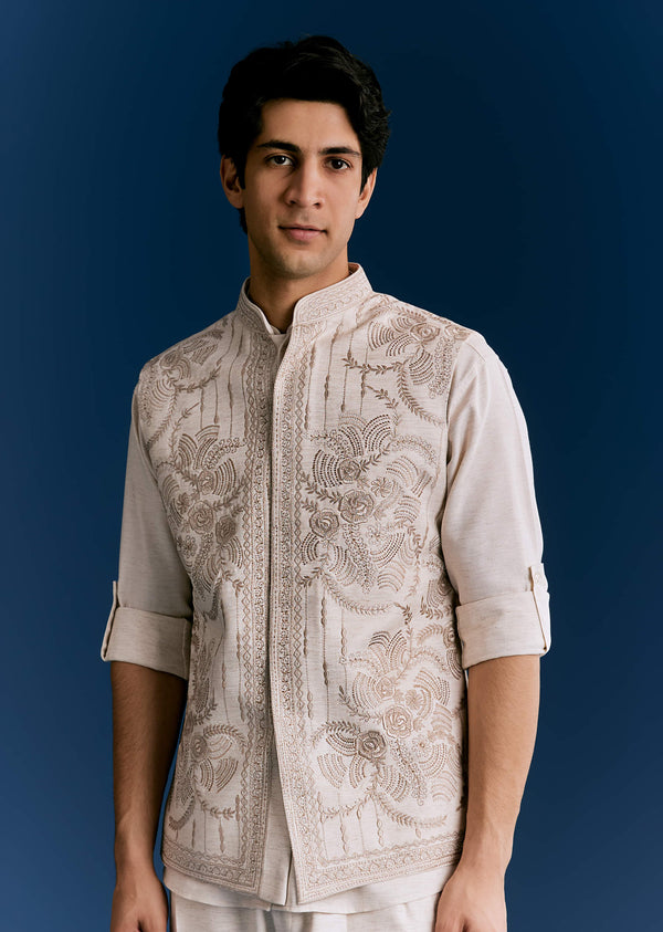 Off White Cotton Kurta Jacket Set With Embroidery