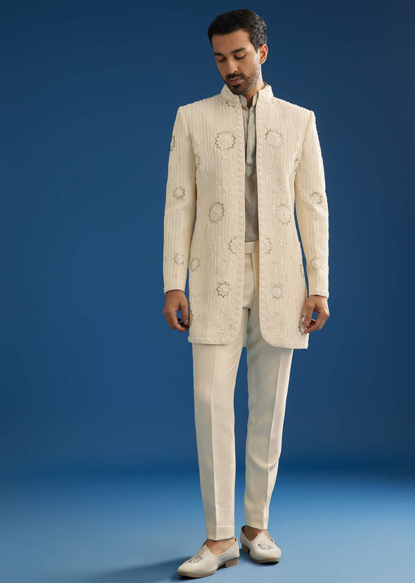Off White Crush Tissue Sherwani Set With Beads And Cutdana Work