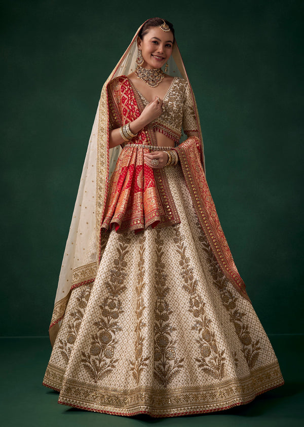 Off White Panetar Embroidered Bridal Lehenga With Two Dupattas