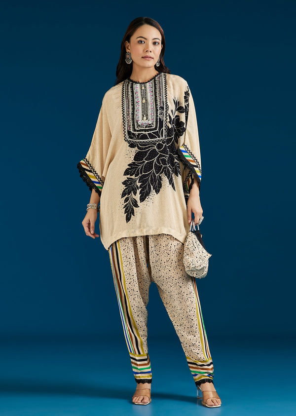 Off White Floral Printed Coord Set With Farshi Pant And Potli Bag