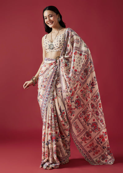 Off-White Floral Printed Crepe Saree With Mirror And Sequin Work