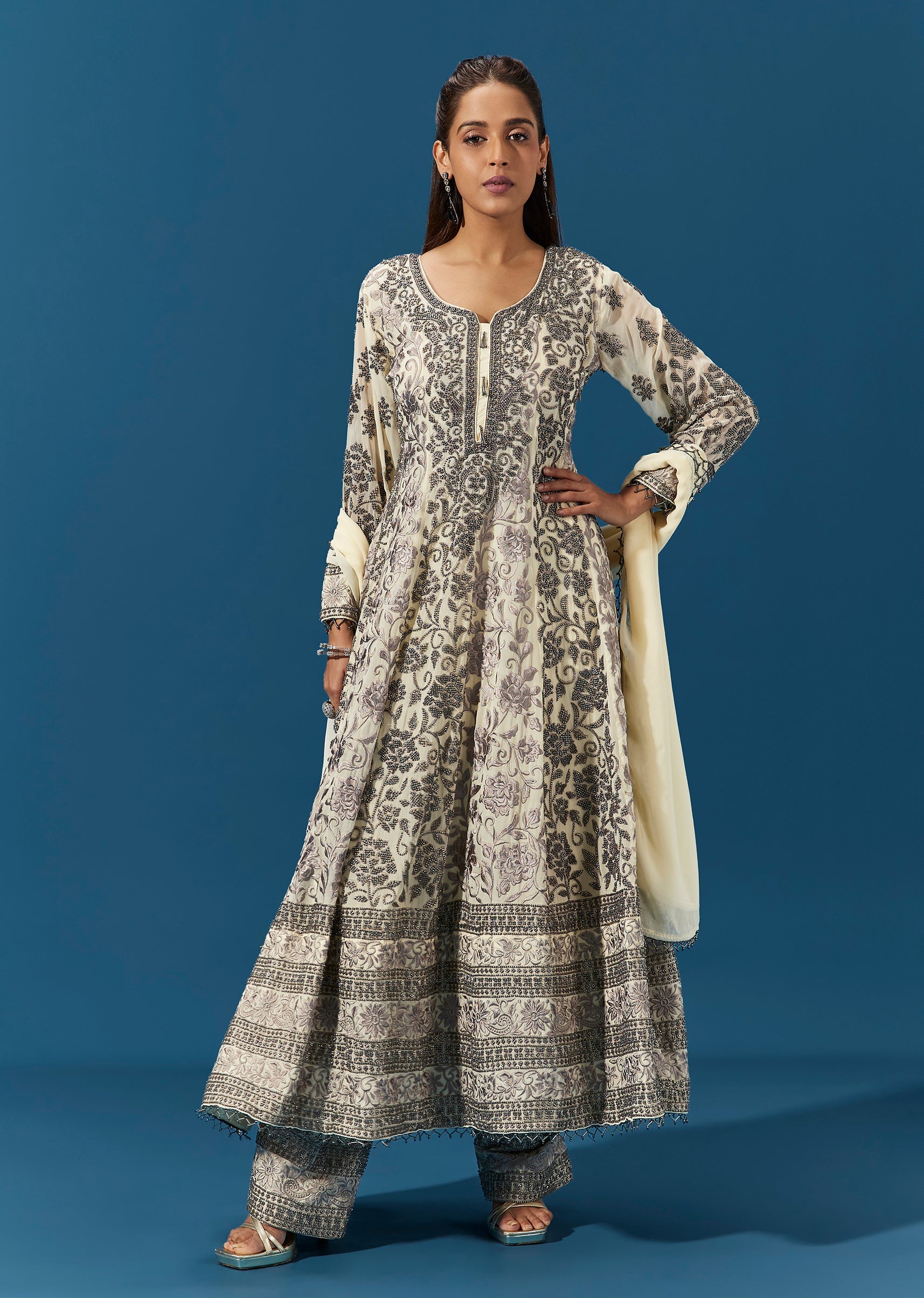 Off White Georgette Anarkali Suit With Floral Resham And Cut Dana Embroidery