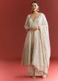 Off White Jaquard Silk Anarkali Suit With Dupatta