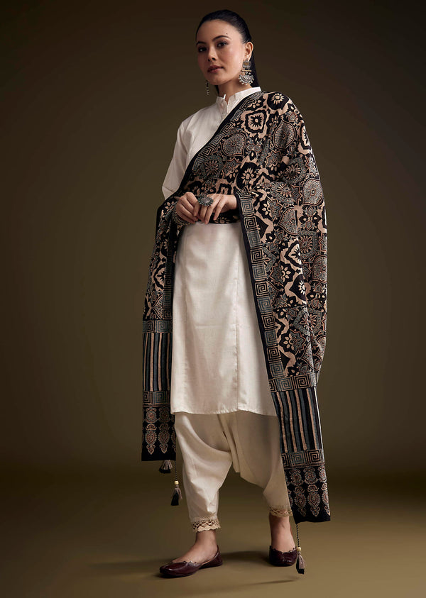 off-white-khadi-dhoti-suit-with-black-hand-dyed-ajrakh-dupatta-sg356610-1
