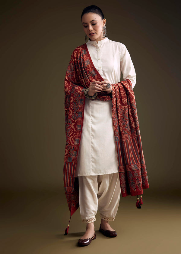off-white-khadi-dhoti-suit-with-red-hand-dyed-ajrakh-dupatta-sg356595-1