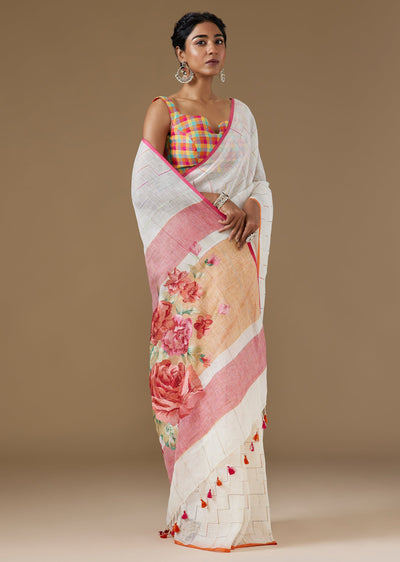 Off White Linen Woven Saree With Colorful Embroidered Pallu