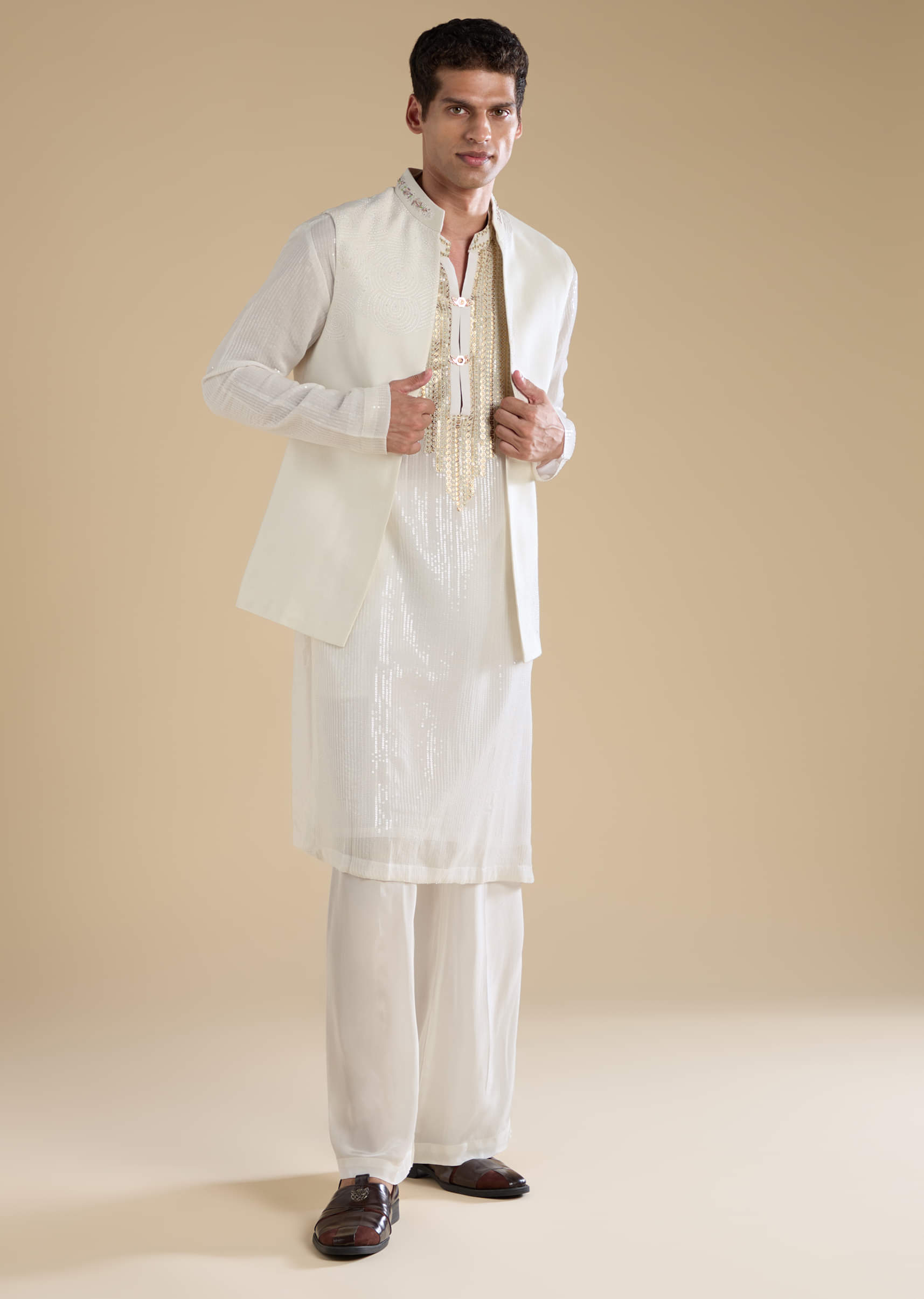 Off White Sequin Kurta and Jacket Set