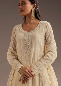 Off White Thread Motiwork Chanderi Kurta Dupatta Set