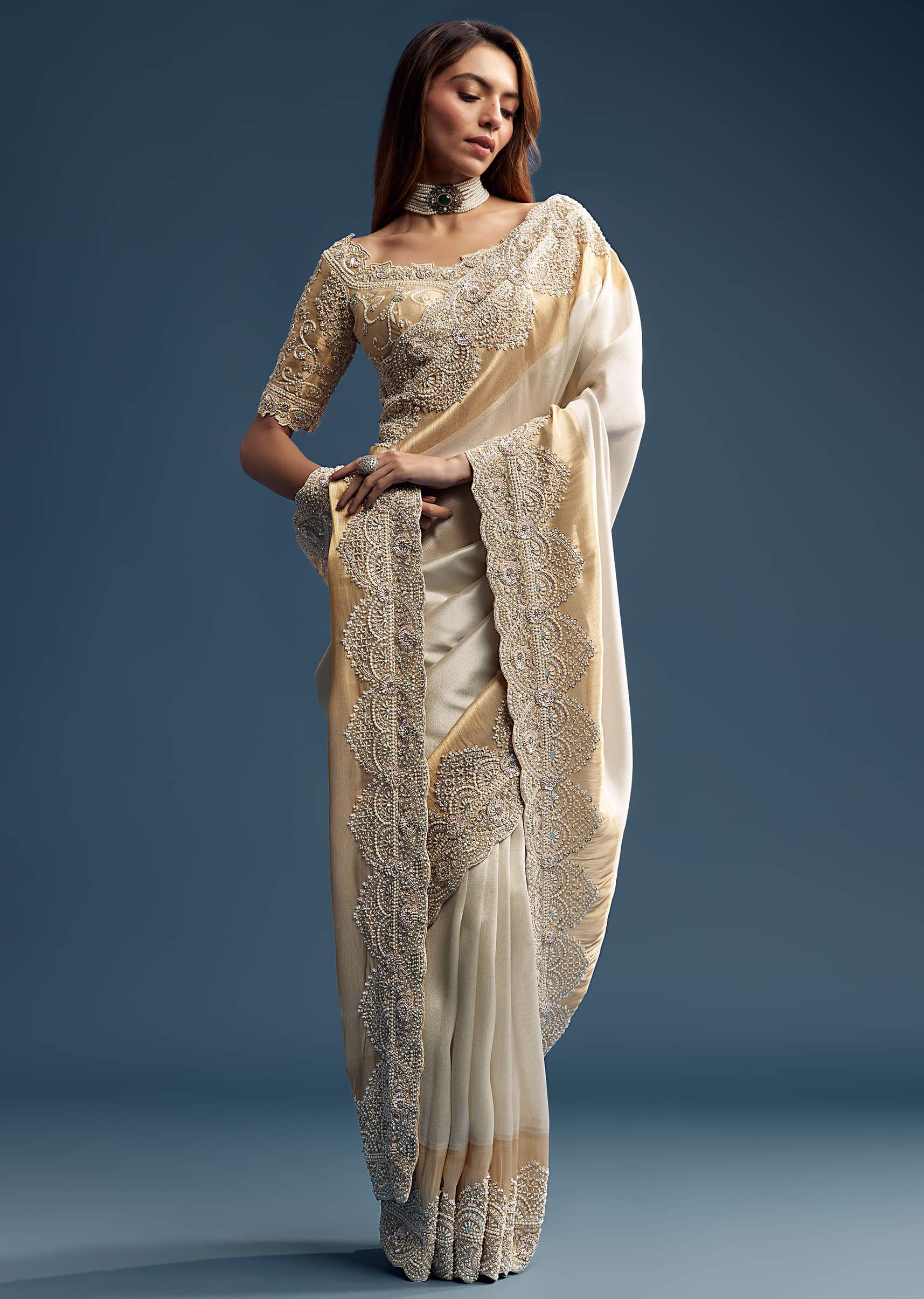 Off White Tissue Silk Saree With Golden Embroidery