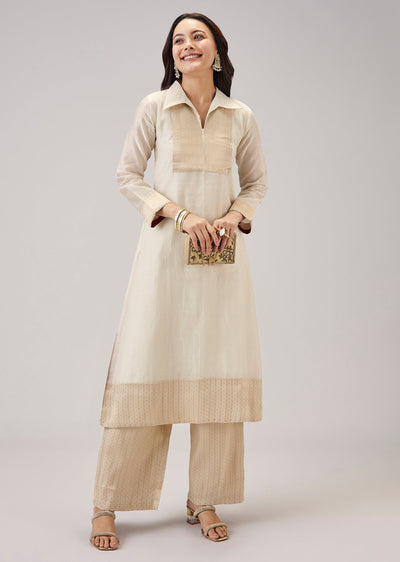 Off White Weaved Chanderi Kurta Set