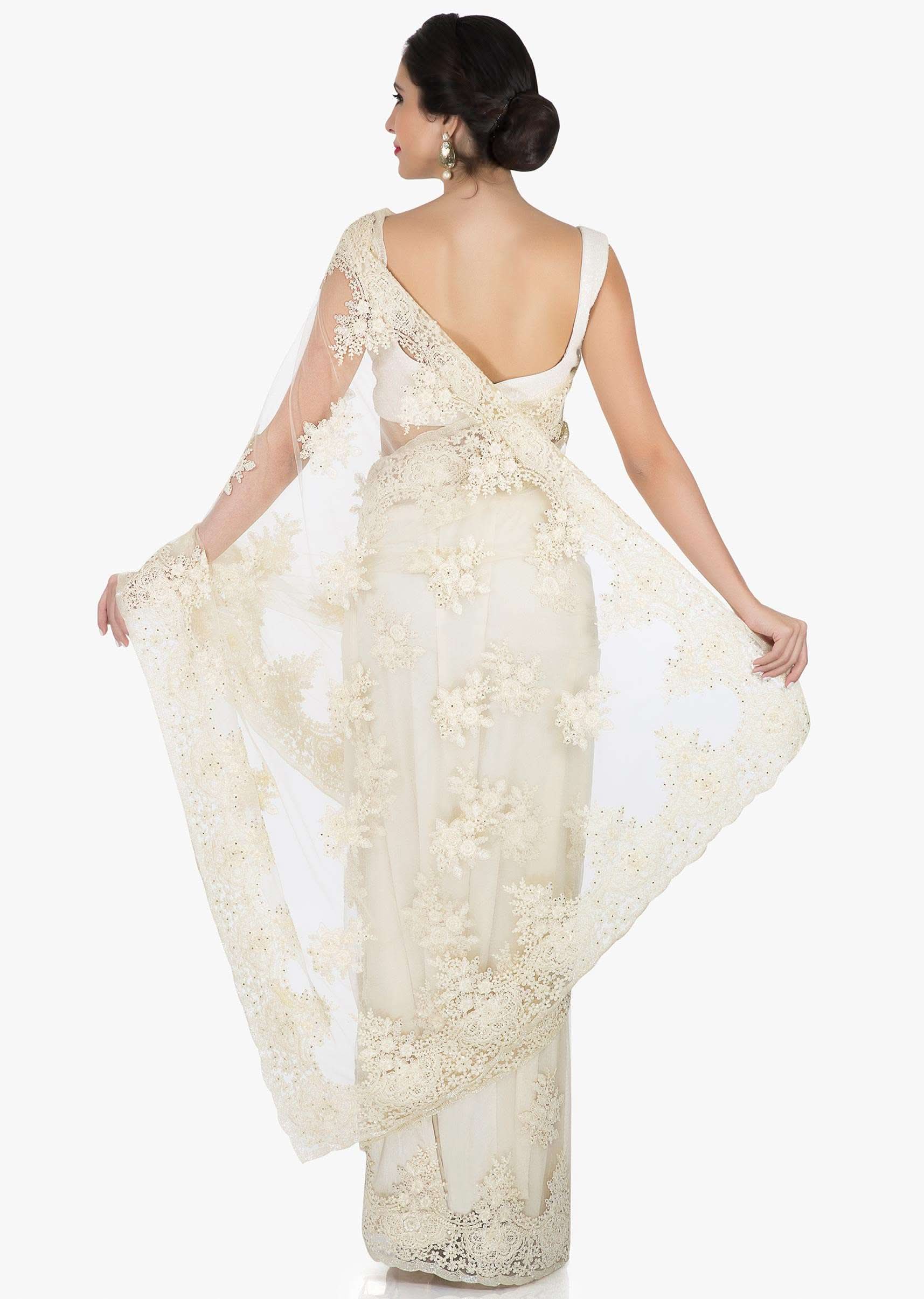 Off-white saree in net crafted in pretty thread work only on Kalki - KALKI Fashion India