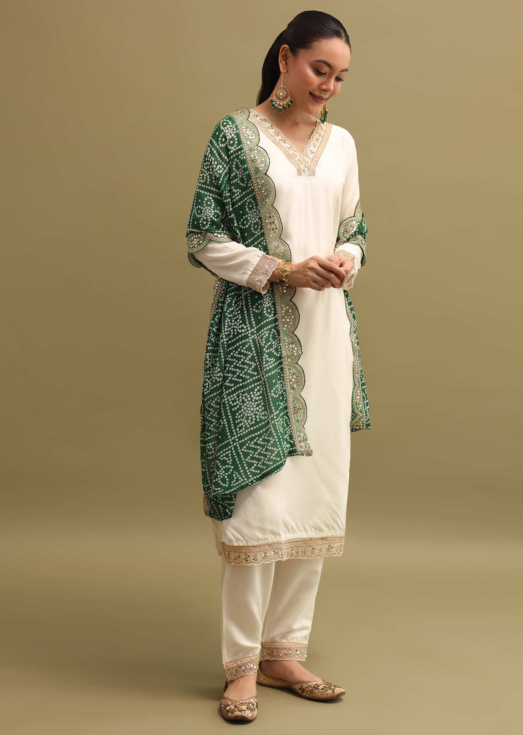 Off White And Green Cotton Silk Kurta Set With Dupatta KALKI