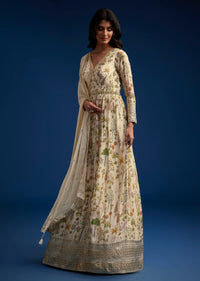 Off White Chinon Anarkali With Dupatta