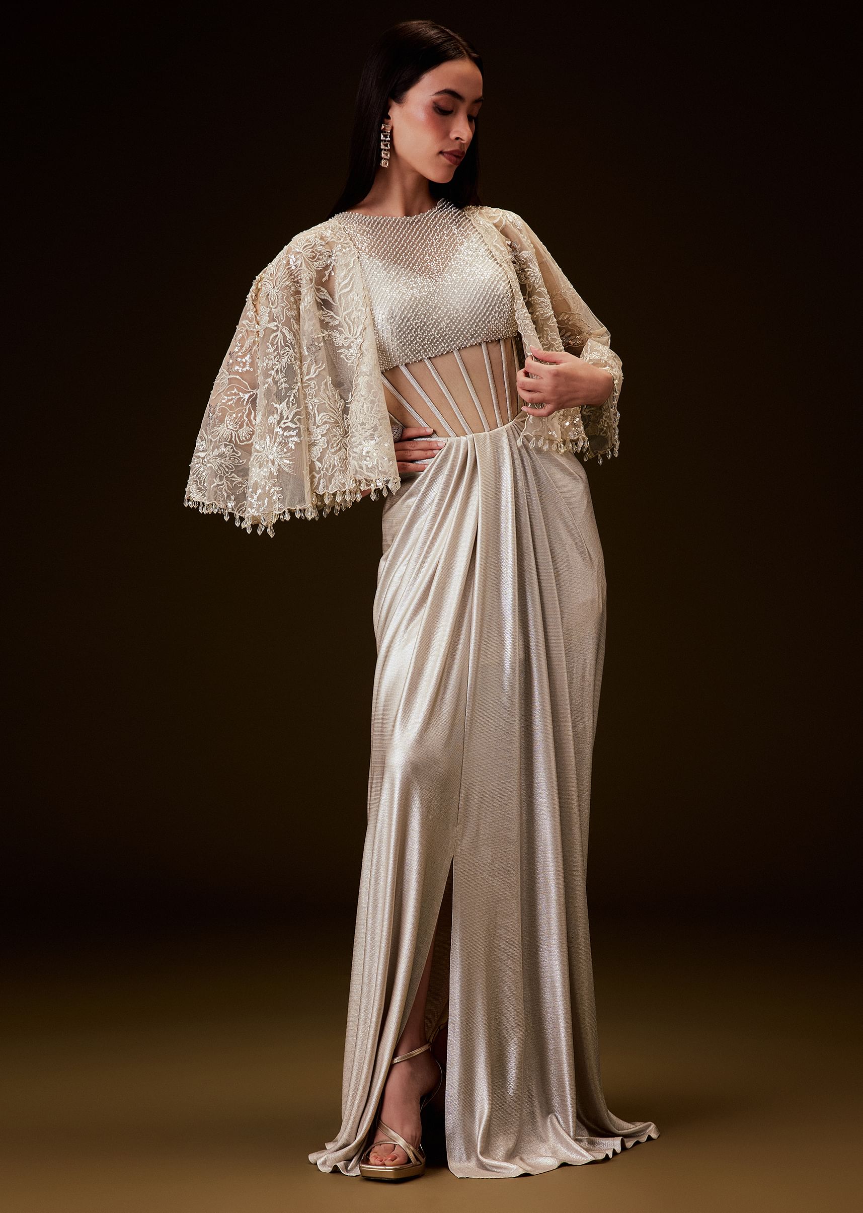Off White Corset Gown With Sheer Waistline And Embroidered Cape