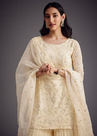Off White Embroidered Sharara Set With Organza Dupatta