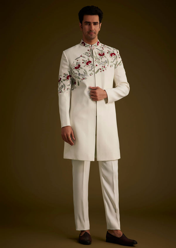 Off White Indowestern With Hand Embroidered Bird And Floral Pattern