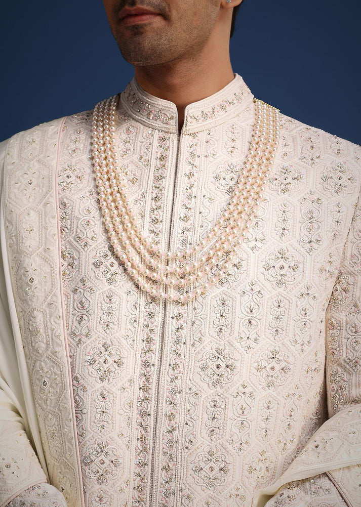 Off White Silk Sherwani Set With Dupatta main image 1