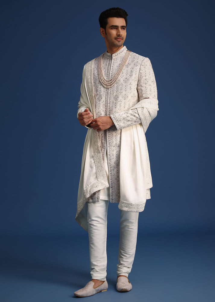 SEASHELL WHITE LUCKNOWI VELVET SHERWANI SET main image 0