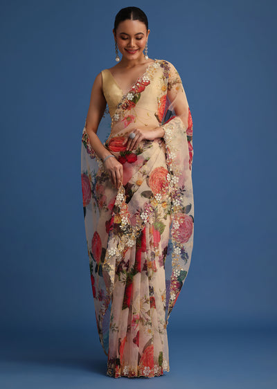 off white organza floral printed saree with embroidered border-sg191026 2